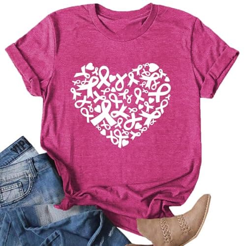 Womens Breast Cancer Shirts Heart Ribbon Tshirt Cancer Awareness Tee Tops