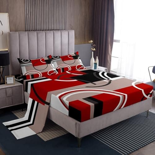 Erosebridal Modern Red Grey Black Stripes Sheet Set Geometric Bed Sheets Queen Size Retro Circle Swirls Bedding Set Bedroom Decor Modern Abstract Texture Color Art Fitted Sheet