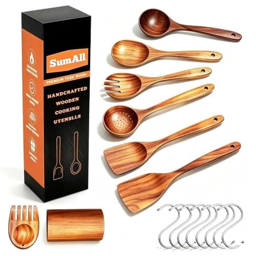 SumAll 8 PCs Teak Wooden Utensil Set with Hooks, Wooden Spoons for Cooking, Wood Cooking Utensils Set, Comfort Grip, Non Stick Cookware, Easy to Clean, Kitchen Stuff, Wood Spatula