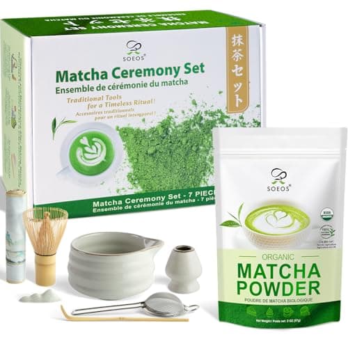 Soeos Matcha Powder, 2oz with 7-Piece Premium Matcha Starter Set - Includes Authentic Bamboo Whisk (Chasen), Ceramic Matcha Bowl (Chawan), Whisk Stand, Sifter, Scoop, and Scoop Rest