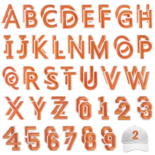 FR 72 Pcs Iron on Letters and Numbers Patches, Varsity Alphabet Embroidered Patch A-Z, Numbers 0-9 Applique for Clothes, Dress, Hat, Jeans, DIY Accessories (Orange)