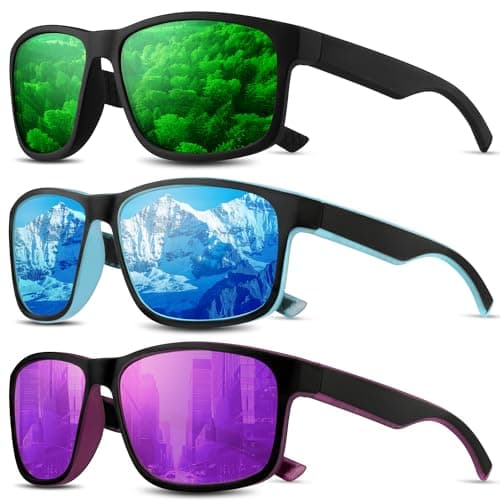Foliful Square Polarized Sunglasses for Men and Women, Mens Sunglasses UV400 Protection with Lightweight Frame Sun Glasses for Driving Fishing, Purple/Ice Blue/Green