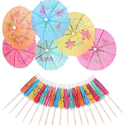 50pcs Hawaiian Flower Pattern Umbrella Bamboo Skewers – 10cm Tropical Cocktail Picks for Appetizers, Desserts, Drinks, Luau & Tiki Party Supplies