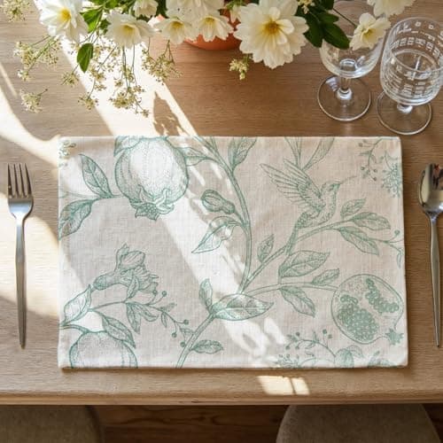 JINCHAN Linen Placemats Set of 4 Farmhouse Botanical Print 13x19 Inch Green