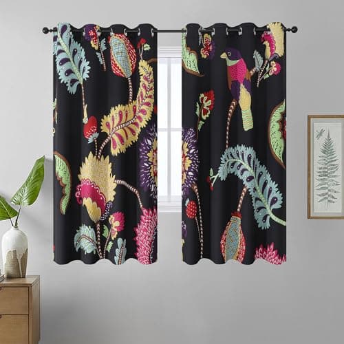 Black Boho Bird Feather Room Darkening Curtains 63 inch Length for Bedroom