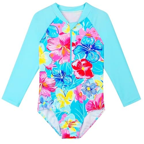 TFJH E One Piece Girls Long Sleeve Swimsuits UPF 50+ Rashguard Shirt Kids Bathing Suits Pink Blue Flower 152/158
