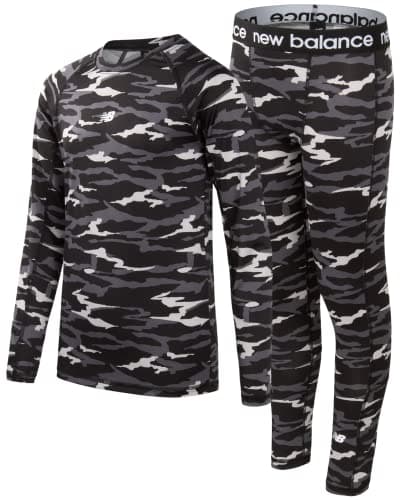 New Balance Boys Performance Base Layer Set - 2 Piece Athletic Moisture-Wicking Long Sleeve T Shirt and Tights (Sizes: 2T-20), Size 14-16, Black Camo