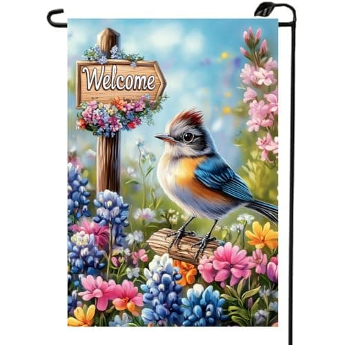 Spring Summer Garden Flag 12x18 Double Sided, Small Burlap Farmhouse Outdoor Blue Bird Floral Welcome Garden Flags Spring Summer Outdoor Yard Decoration for Outside