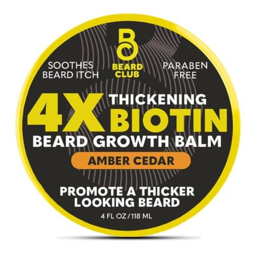 The Beard Club Biotin Beard Balm for Men - Beard Growth Shea Butter with Castor & Coconut Oil - Moisturizing, Hydrating and Softening Cream - Amber Cedar Scent - 4 oz