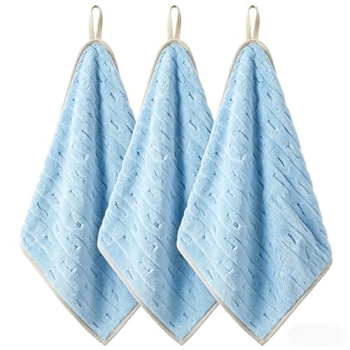 LMMINBZ 3 Pack Microfiber Hand Towels for Bathroom with Hanging Loops Quick Dry Small Towel Set for Bathroom Kitchen 14 x29.6inch (Blue)