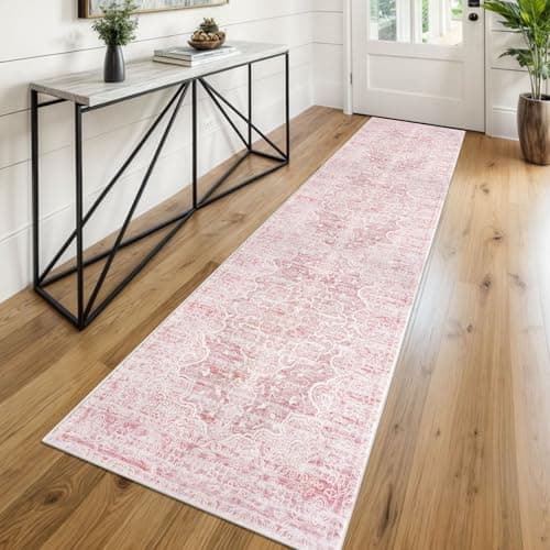 KUTA Vintage Washable Runner Rug, 2x8 Pink Runners for Hallways