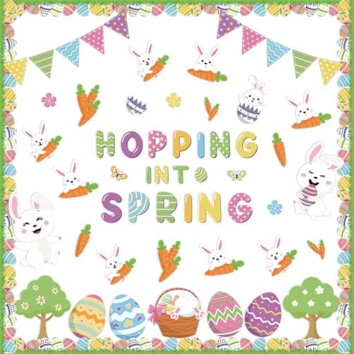 Adecortalk 73 Pcs Easter Classroom Decorations Spring Easter Bulletin Board Set Hopping Into Spring Bunny Eggs Carrots Tree Paper Cutouts for School Classroom Teacher Home Wall Party Supplies