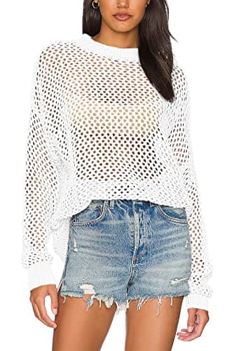 Ebifin Womens Crochet Tops Long Sleeve Beach Summer Sweater Crew Neck Mesh Cover Ups Bikini Swimsuit Tunic Pullover Tops White