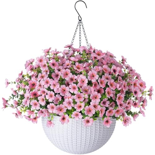 HyeFlora Artificial Fake Hanging Plants Flowers Basket for Outdoor Outside Summer Decor, Faux Silk Pink Daisy Realistic UV Resistant for Porch Patio Balcony Home Yard