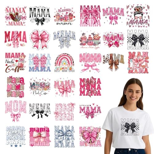 Dtf Transfers Ready to Press - 30Pcs Mother's Day Iron on Transfers for Tshirts, Mama Bow Iron on Decals Patches, Pink Coquettee Heat Transfer Stickers for Clothes Pillows Bag DIY Crafts