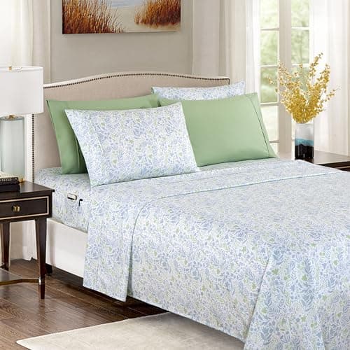 Elegant Comfort 6-Piece Sheet Set Deep Pocket Floral, Twin XL, Anita Green