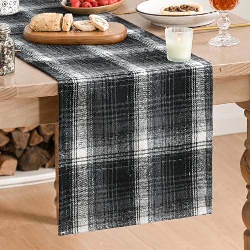 Artoid Mode Black Grey Farmhouse Plaid Table Runner, Halloween Rustic Holiday Check Kitchen Dining Table Decoration for Home Party Decor 13x72 Inch