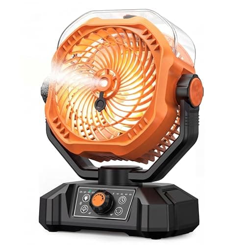 Portable Camping Fan, Misting Desk Fan with Remote, 360ML Water Tank, 16000mAh, 5 Speeds, Timer, 18-70 Working Hours, Battery Operated Fan for RV Camp Hurricane Emergency Orange