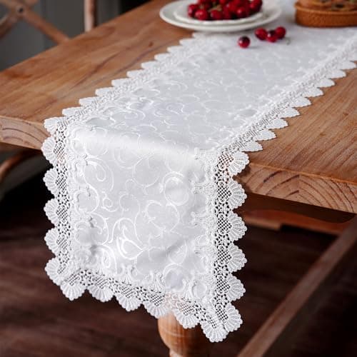 Artbloss Lace Table Runner White Jacquard Dresser Scarf, 14" x 90"