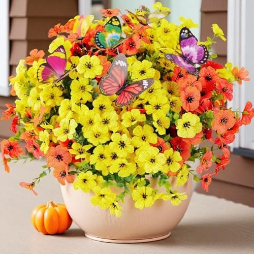 CogDat 20 Bundles Artificial Flowers for Outdoors‌ with 6 Faux Butterflies, UV Resistant and No Fade, ‌Fake Flowers for Garden Patio Porch Home Decor Wedding Easter Mother's Day (Orange Yellow)