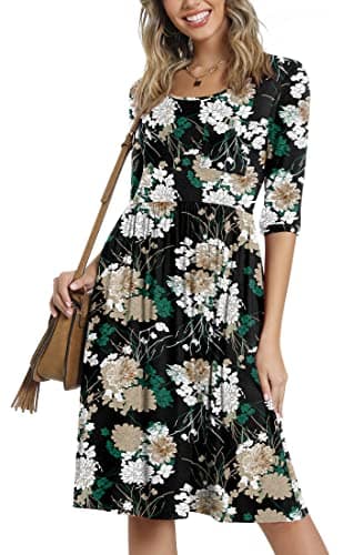 CATHY Women's 3/4 Sleeve 2026 Casual High Waist Round Neck Midi Dress with Pockets, M, Bank's Rose-Black