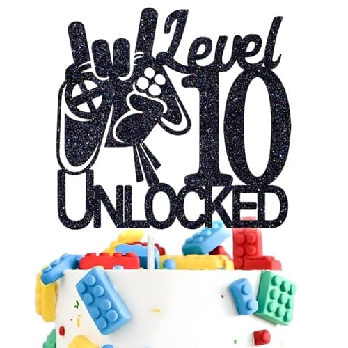 Tivurcia Level 10 Unlocked Cake Topper, Video Game Boys 10th Birthday Cake Decorations, Bruh I'm Ten, Level Up Winner Birthday Party Decoration Supplies, Black Glitter