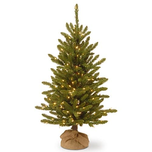 National Tree Company 4 ft Pre-Lit Kensington Mini Artificial Christmas Tree, 150 Clear Lights, 284 Tips, Burlap Base, Green