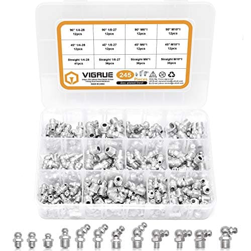 VIGRUE 245Pcs SAE & Metric Grease Fittings Assortment Kit, 1/4-28 1/8-27 M6 M10 Zerk Grease Fittings in Straight, 45, 90 Degree for Grease Gun