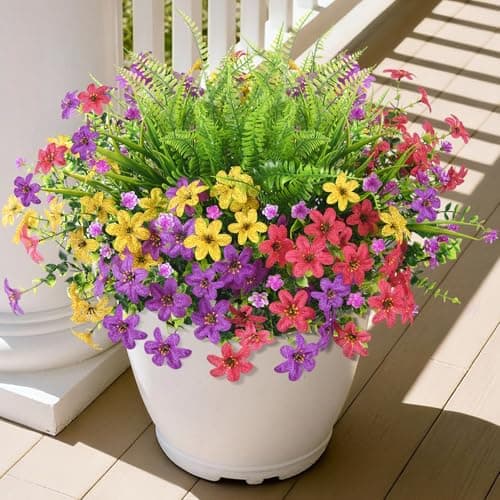 Artificial Flowers for Outdoors Spring Summer Decoration, 12 Bundles Fake Plants UV Resistant Realistic Faux Flower Silk Daisy with Eucalyptus Stem for Patio Planter Porch Yard Window Box Balcony