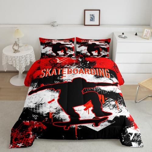 Feelyou Youth Graffiti Comforter Set Kids Boys Teens Skateboard Sports Bedding Set Trippy Hip Pop Duvet Skater Silhouettes Quilted Duvet Set with 1 Pillow Sham Twin Size Red Black 2Pcs