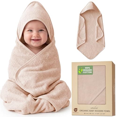 infancie 100% Organic Cotton Plush Woven Hooded Baby Bath Towels - Soft and Absorbent 31x31 Inches for Newborns and Kids, Baby Bath & Hooded Towels, Premium Infant Towels (Sand)