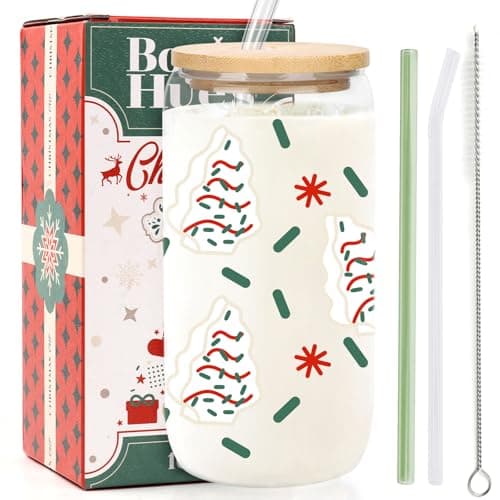 Christmas Tree Cup, Funny Christmas Gifts Stocking Stuffers for Women Teacher Sister Wife Coworker Friend Teen Girl Boy - Secret Santa Surprise Tumbler - 16oz Xmas Glass Mug with Gift Box & 2 Straws