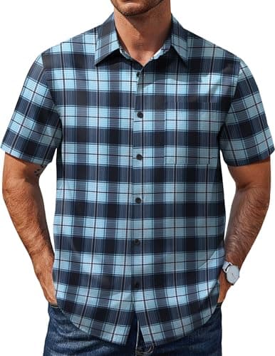 COOFANDY Short Sleeve Plaid Shirts for Men Business Casual Dress Shirts Button Down Collar Work Shirt with Pocket