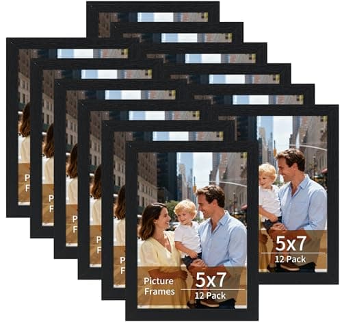Lyeasw 5x7 Picture Frames Black 12 Pack, Matted Wood Grain Lightweight 5 x 7 Photo Frames for Wall Collage and Desk & Home Decor, with Horizontal or Vertical Placement.