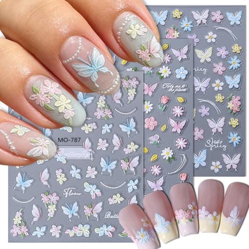 3 Sheets Butterfly Nail Art Stickers Decals 5D Embossed Self-Adhesive Multicolor Flower Nail Stickers Summer Spring Nail Decals for Women Manicure Decorations
