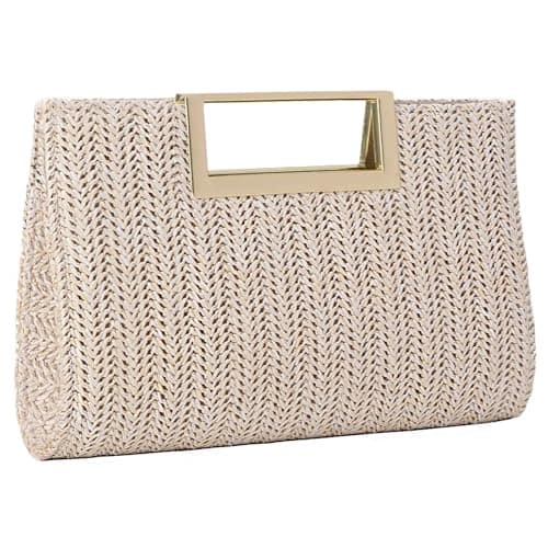 Cckuu Women’s Straw Raffia Clutch Purse, Top Handle Woven Handbag with Crossbody Strap, Summer Beach Shoulder Bag, White