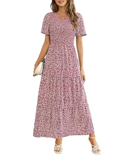 Maggeer Womens 2026 Summer Spring Floral Wedding Guest Long Dresses Boho Teacher Smocked Maxi Dress with Short Sleeves Wine Red Flower S