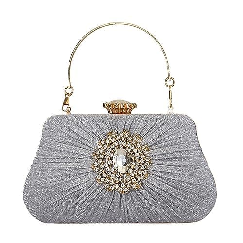 Buric Silver Glitter Clutch Purse Small Sparkly Crystal Evening Bag Formal Rhinestone Handbags for Bridal Wedding Party With Gold Chain Shoulder Bag