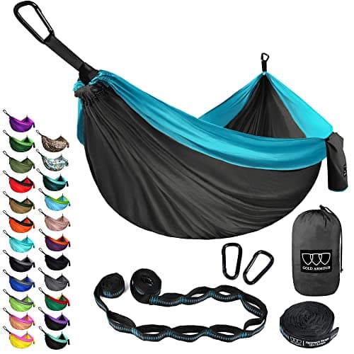 Gold Armour Camping Hammock - XL Double Hammock Portable Hammock Camping Accessories Gear for Outdoor Indoor with Tree Straps, USA Based Brand (Gray and Sky Blue)