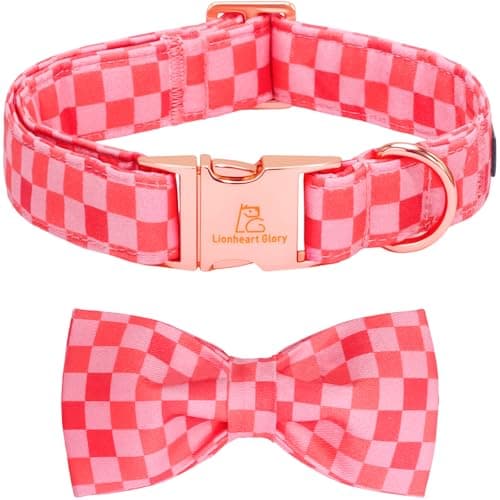 Lionheart glory Dog Bow Collar - Soft Dog Collar with Bowtie Adjustable Sturdy Pink Plaid Collars for Medium Dogs Checkered Cute Pet Collars Spring Holiday