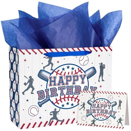WRAPAHOLIC 13" Baseball Birthday Gift Bags with Tissue Paper and Card - Navy Blue Baseball Paper Bags for Boys Kids Teens, Sport Themed Birthday