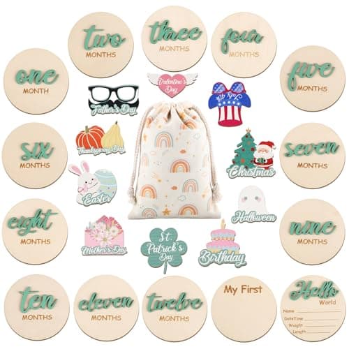 3D Baby Milestone Signs, Double-Sided Wooden Discs, Sage Green