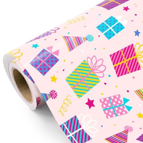 WRAPAHOLIC Birthday Wrapping Paper Roll - Mini Roll - 17 Inch x 9.8 Feet - Birthday Gift Boxes on Pink Wrapping Paper for Girls Women, Baby Shower, Wedding