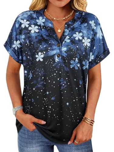 rosemia Womens Short Sleeve Shirts V Neck Dressy Casual Blouses Summer Loose Fitting Henley Tops, Black Blue Flowers, M