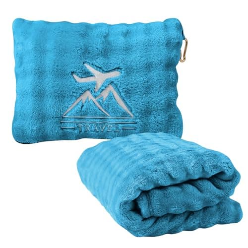 ZJRUIXI Travel Blanket and Pillow-2-in-1, Ultra-Soft&Compact, One-Piece Airplane Blanket with Hand Luggage Belt and Backpack Clip,Travelers Accessories Gifts, 61x43 Inches (Green)