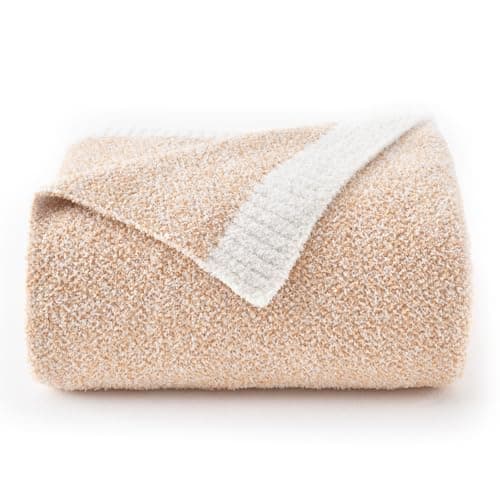 Chunky Knit Boucle Throw Blanket, Soft Washable Coastal Blanket for Bed Couch, Lightweight Cozy Oversized Feather Knit Blanket Indoor Outdoor for Sofa (Beige, Throw 50"x60")