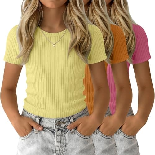 YooAurvox 3 Pack Girls' Shirts Cute Basic Tees, 3-Color Set, 5-6 Years