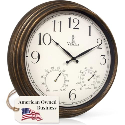 Large Outdoor Patio Clock - Waterproof Thermometer Combo, 18 Inch, Bronze