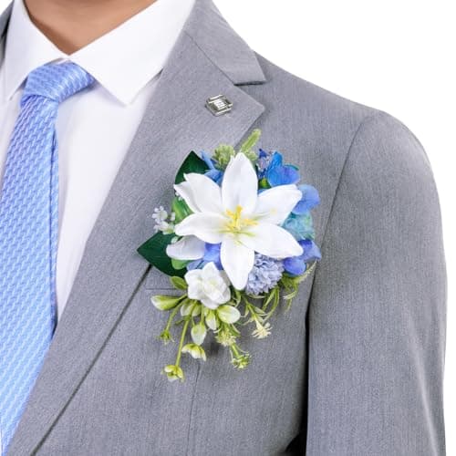TINGE TIME Luxury Groom Boutonniere for Wedding, 1 PCS Pocket Boutonniere for Men, Artificial Corsage for Wedding, Prom, Homecoming, Anniversary, Graduation, Christmas Dinner (Provence Blue A)