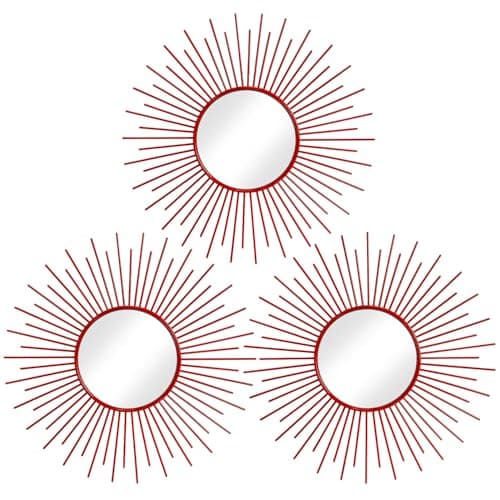 3 Pack Metal Mirrors for Wall Sunburst Wall Mirrors Home Décor Decorative Hanging Wall Art for Living Room Bedroom Entryway (Red, Sunburst)